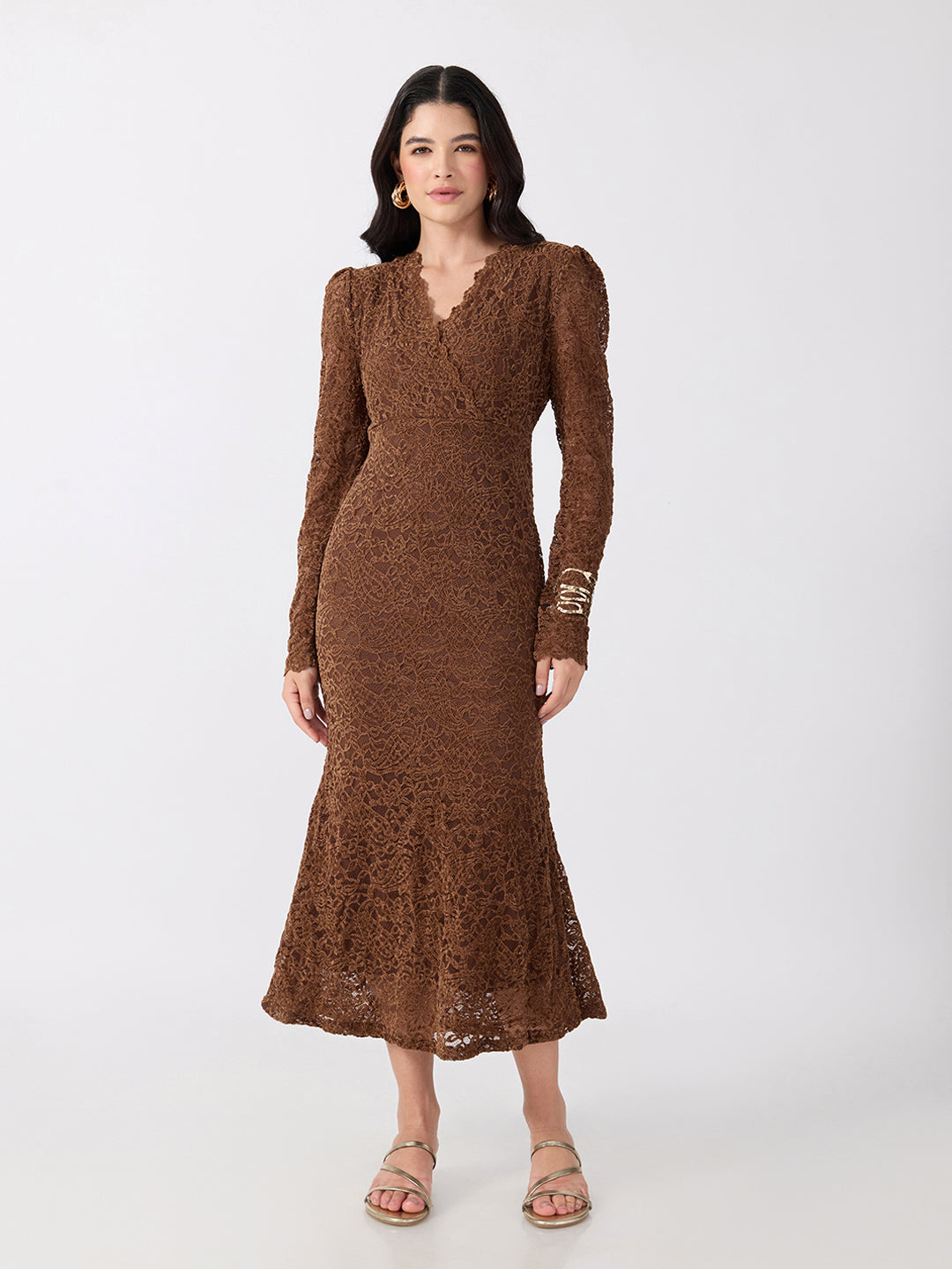Women’s Paisley Brown Midi Dress with Tie-Ups