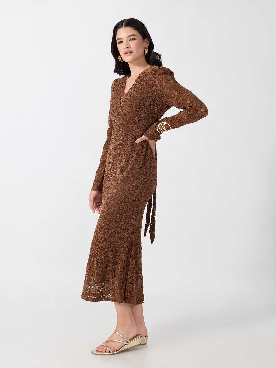 Women’s Paisley Brown Midi Dress with Tie-Ups