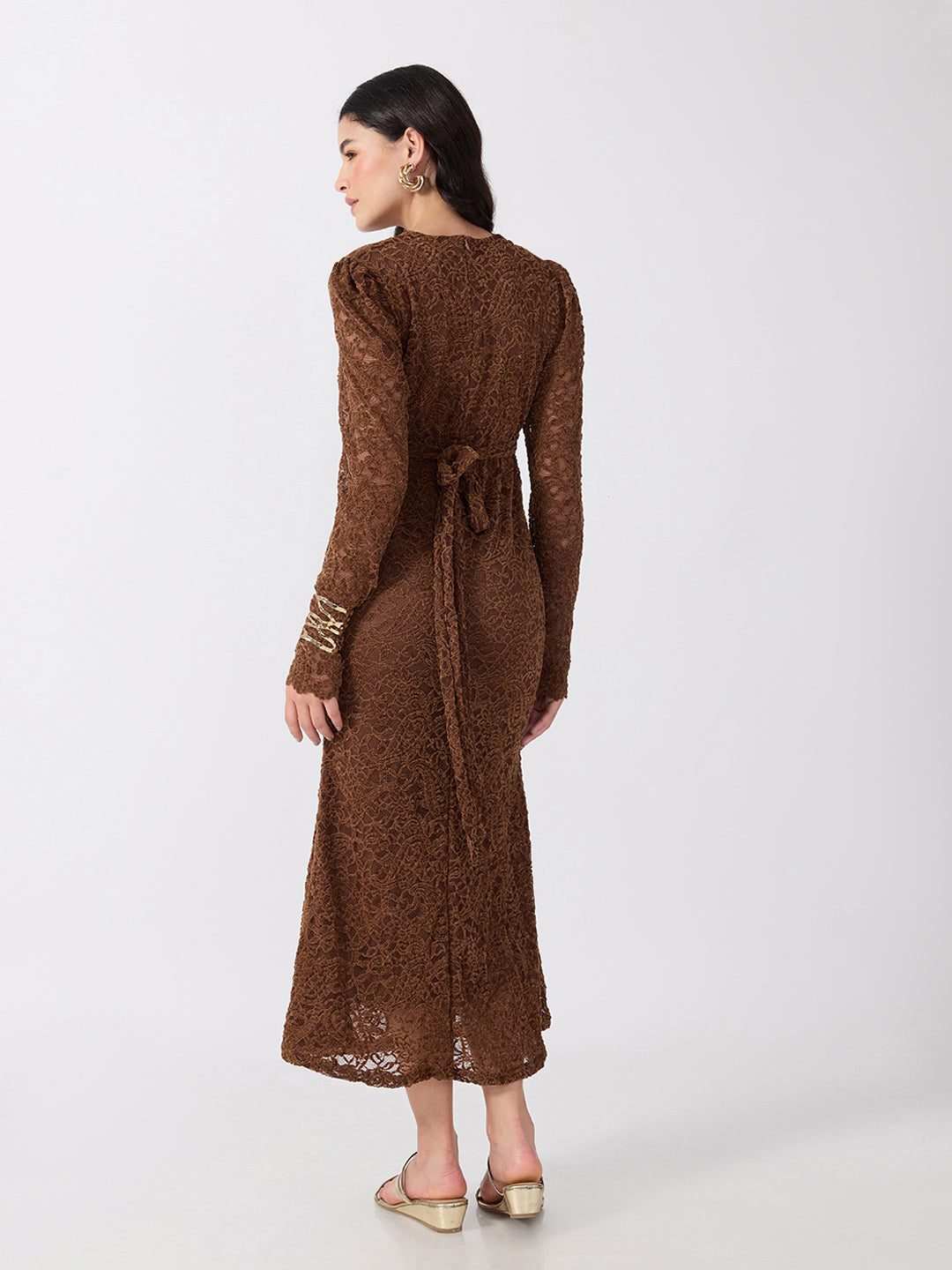 Women’s Paisley Brown Midi Dress with Tie-Ups