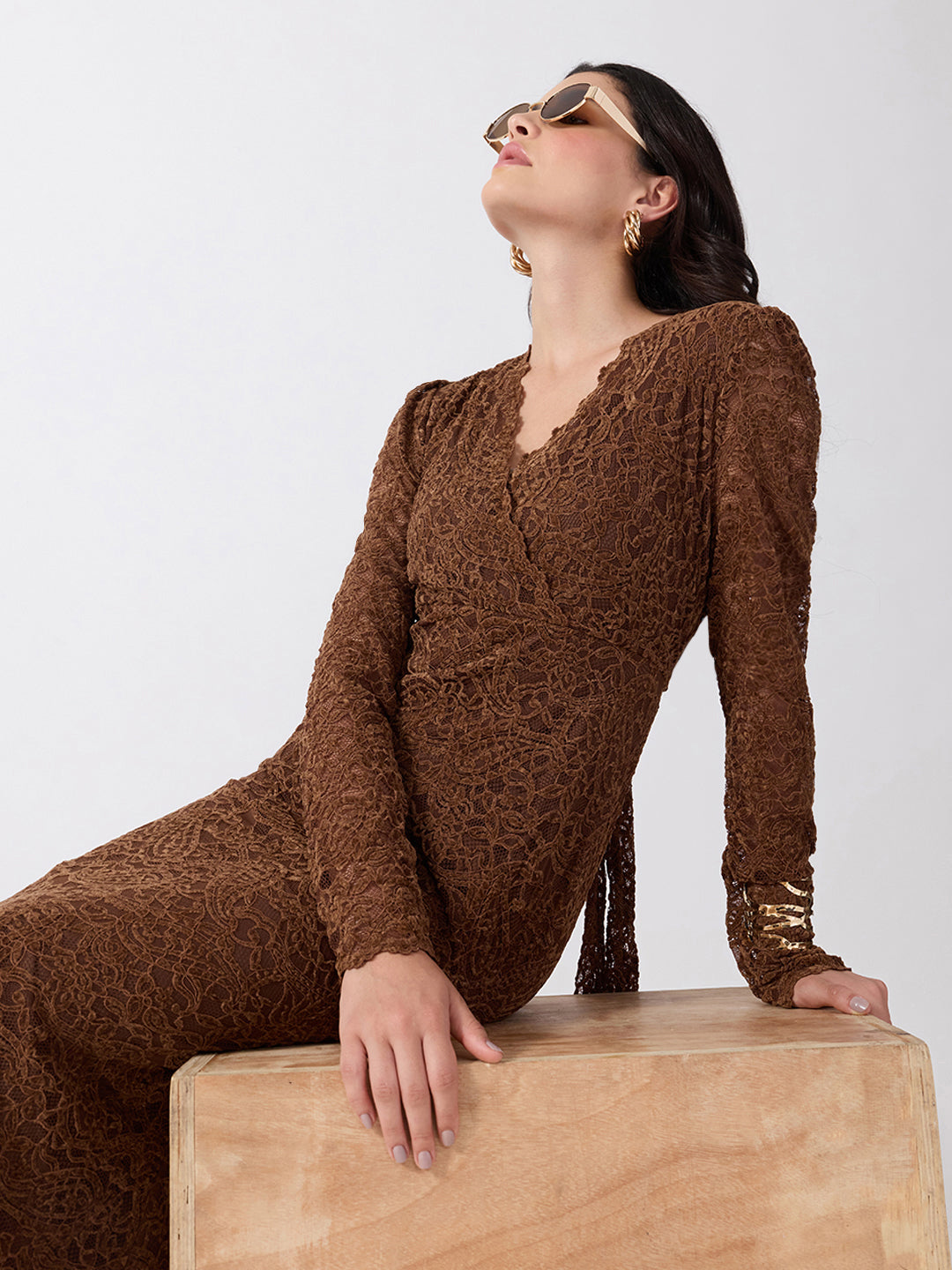 Women’s Paisley Brown Midi Dress with Tie-Ups