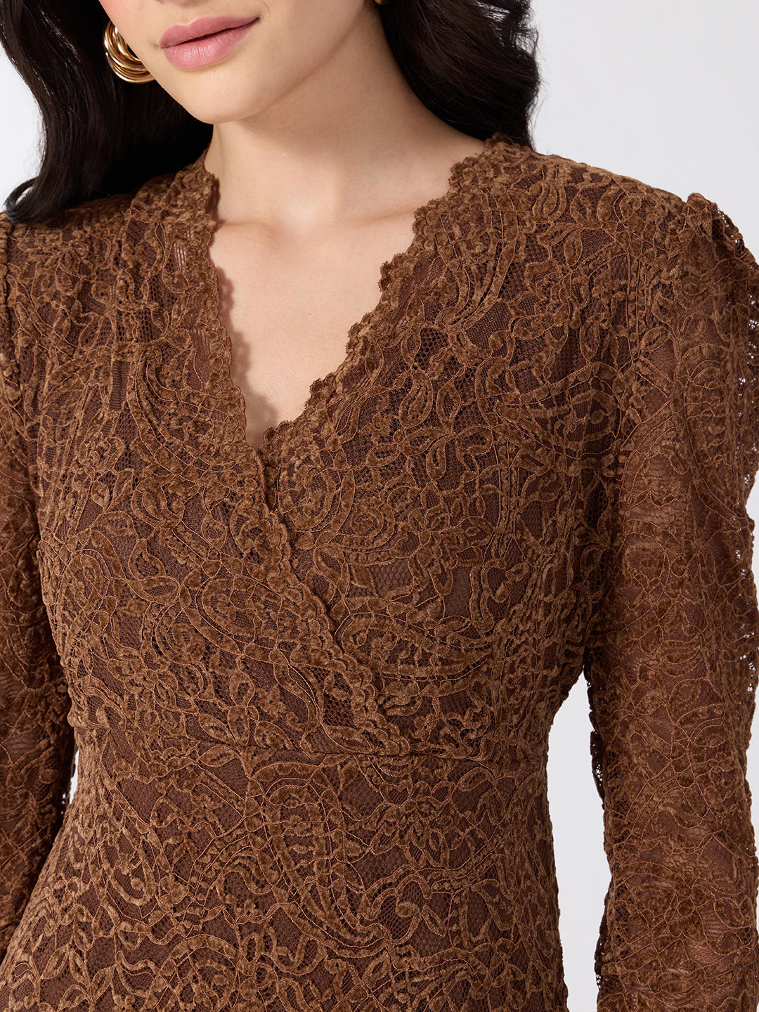 Women’s Paisley Brown Midi Dress with Tie-Ups