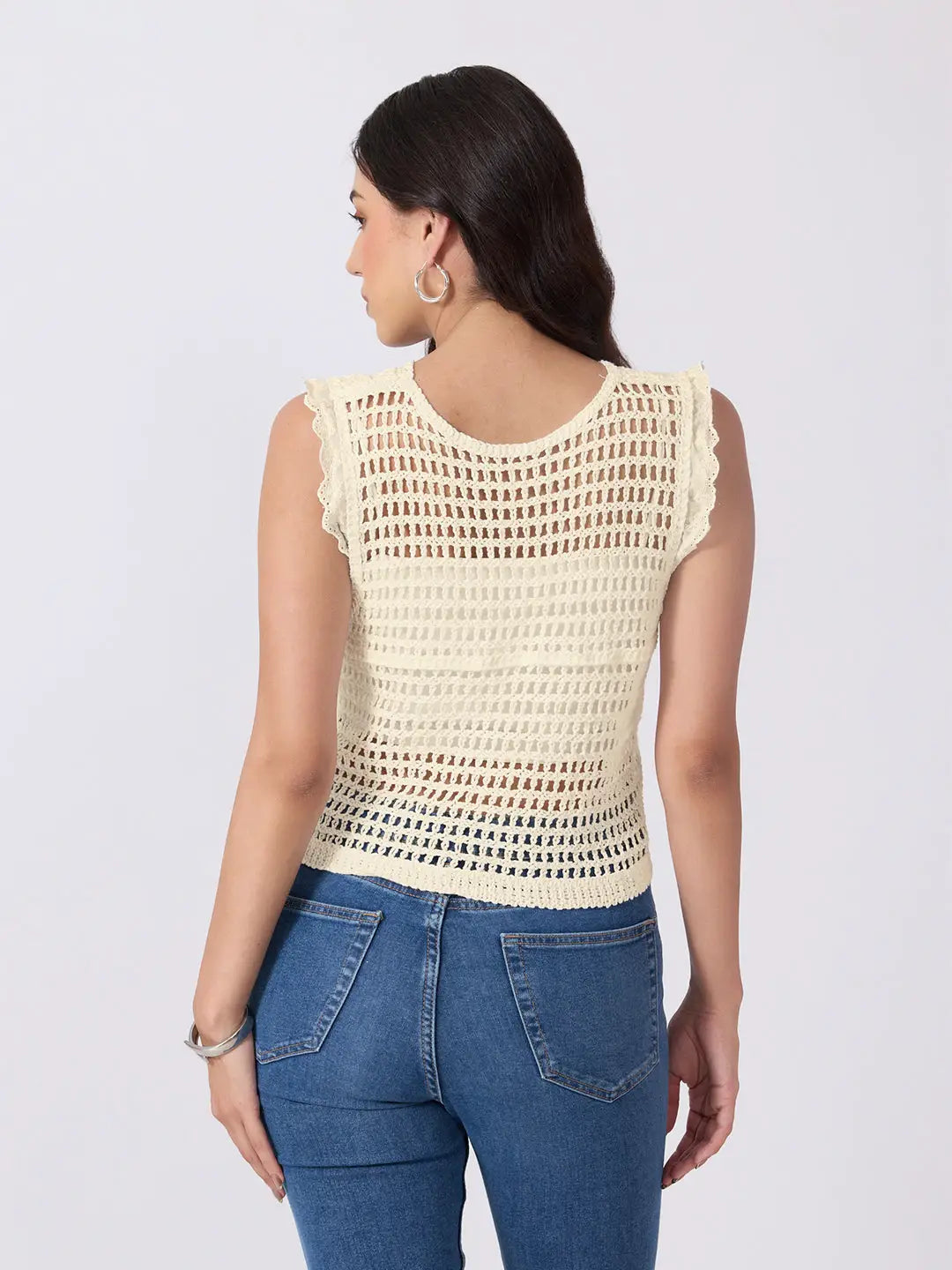 Women's Cream Crochet Sleeveless Scalloped Trim Vest Top