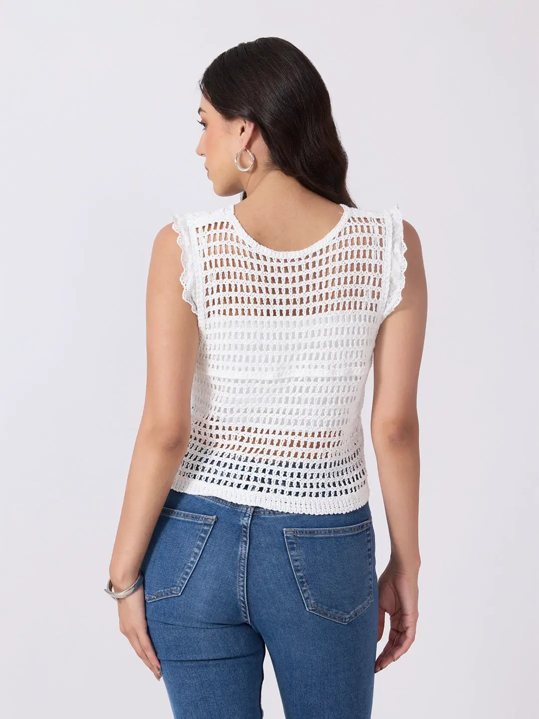 Women's White Crochet Sleeveless Scalloped Trim Vest Top
