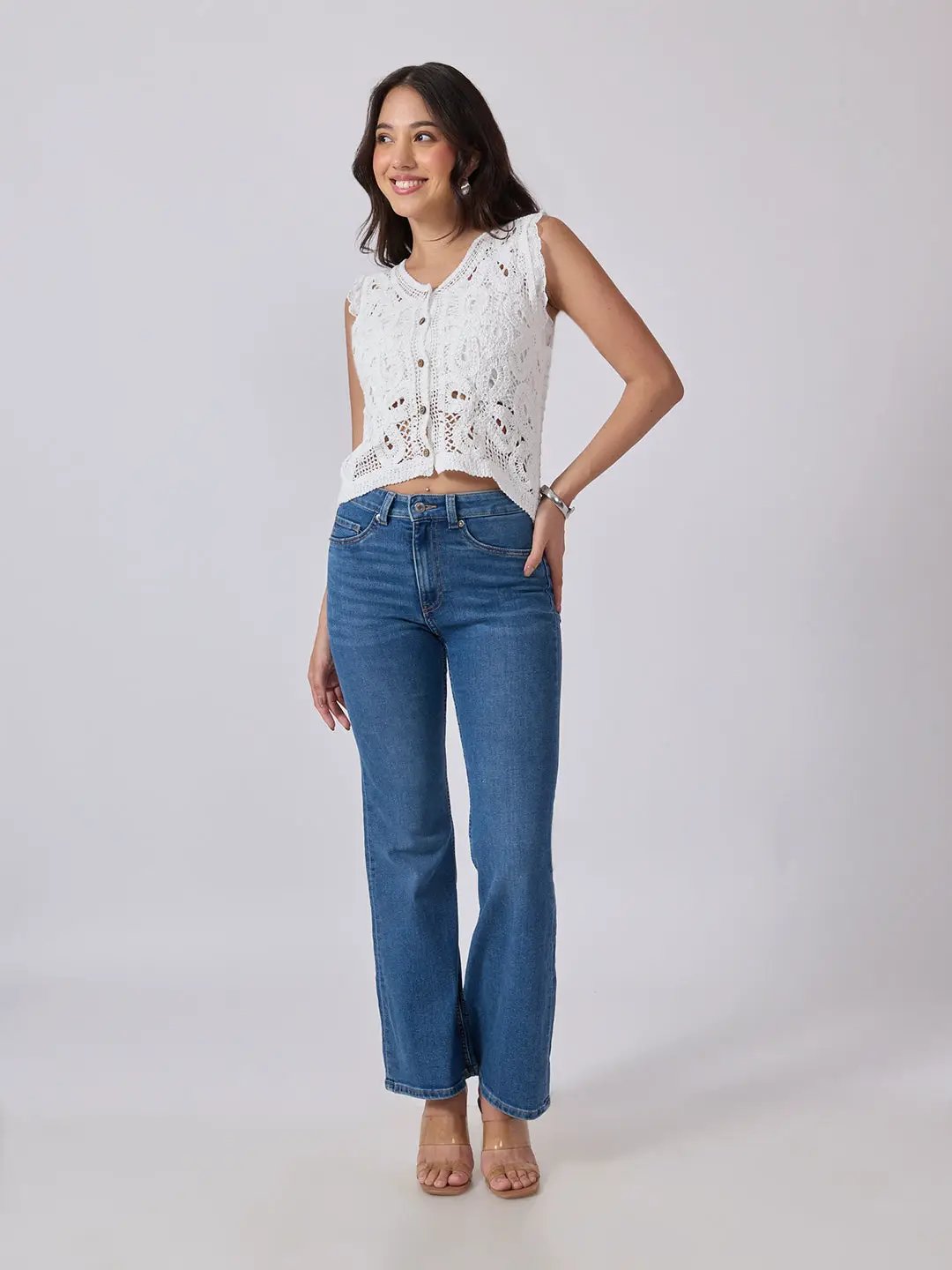 Women's White Crochet Sleeveless Scalloped Trim Vest Top