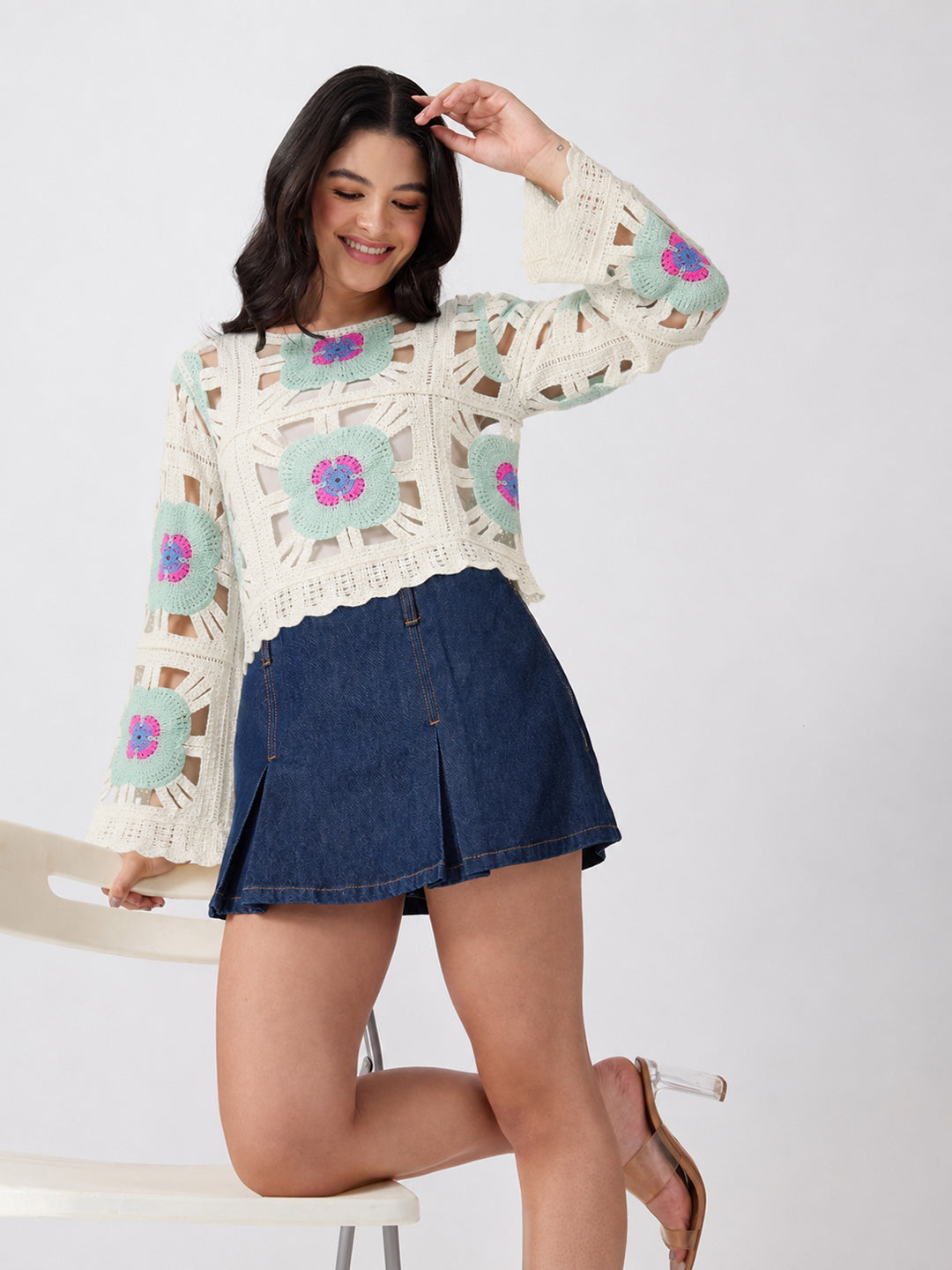 Women’s Floral Crochet Green Top with Camisole