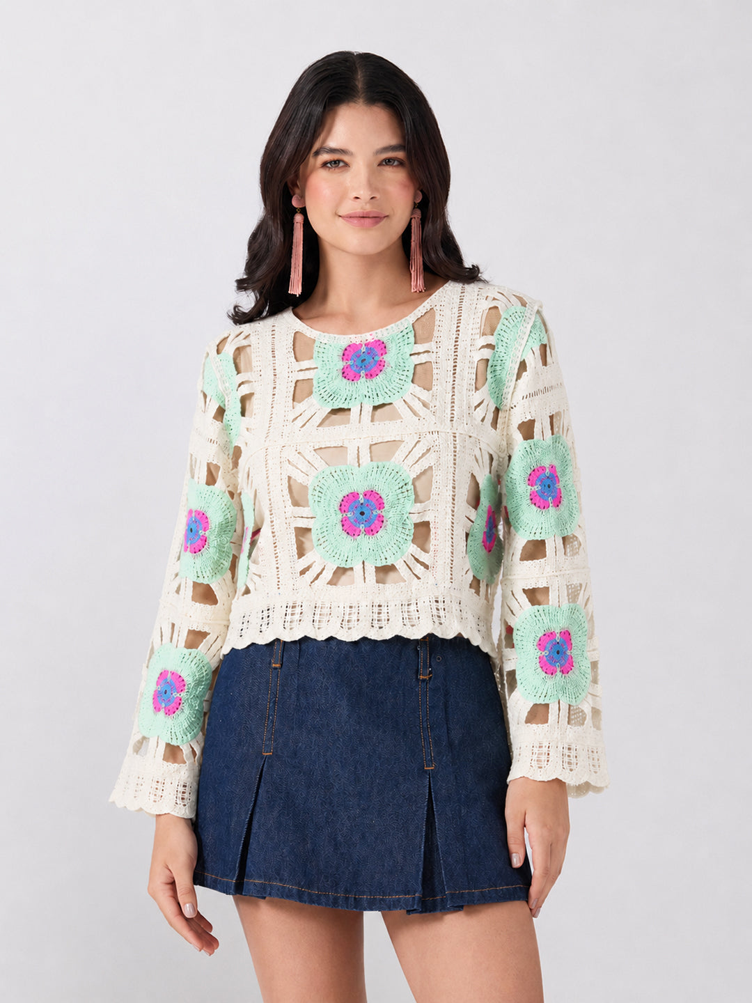 Women’s Floral Crochet Green Top with Camisole