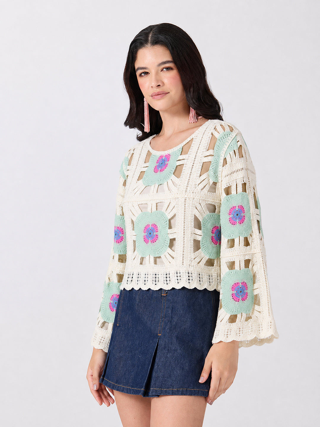 Women’s Floral Crochet Green Top with Camisole