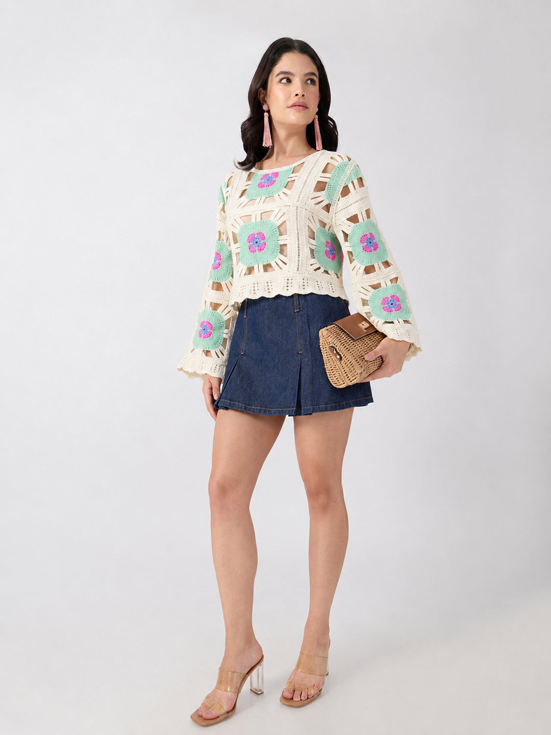 Women’s Floral Crochet Green Top with Camisole