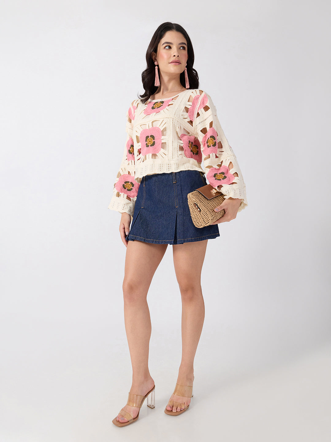 Women’s Floral Crochet Pink Top with Camisole