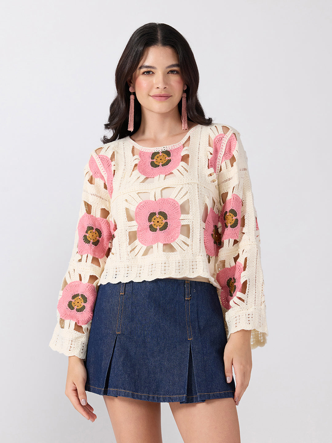 Women’s Floral Crochet Pink Top with Camisole