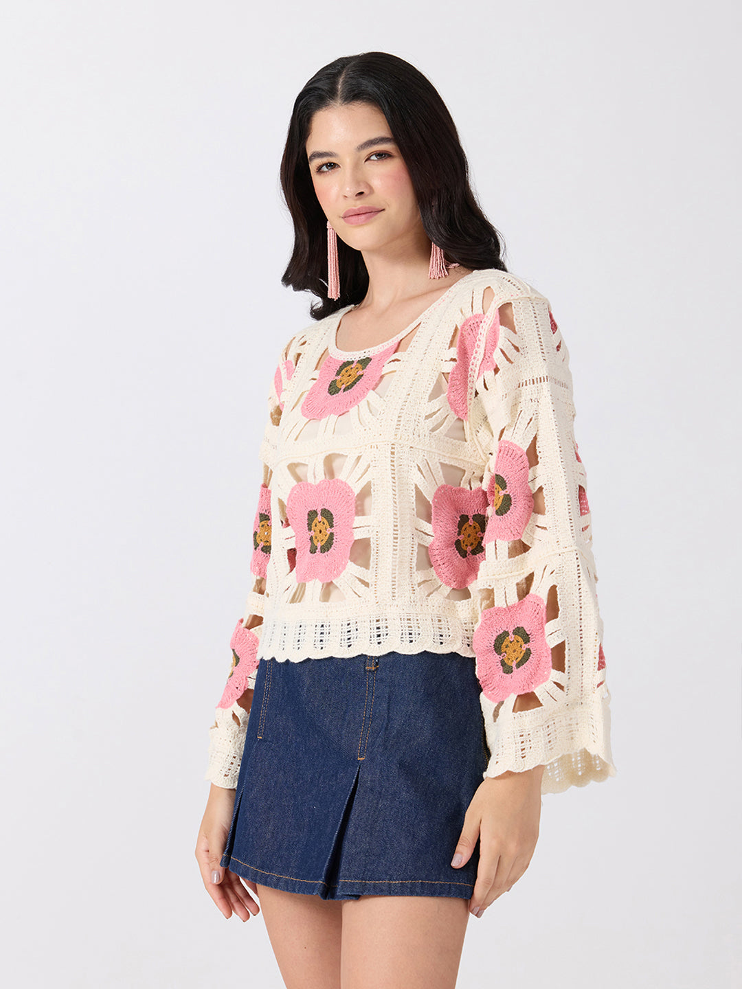 Women’s Floral Crochet Pink Top with Camisole