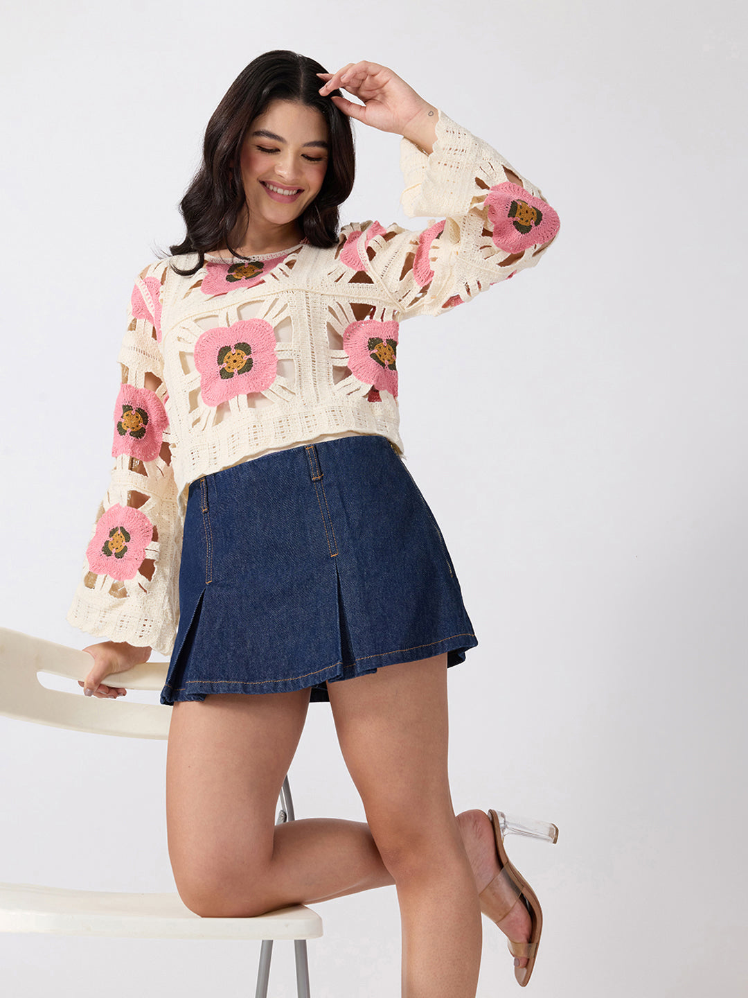 Women’s Floral Crochet Pink Top with Camisole