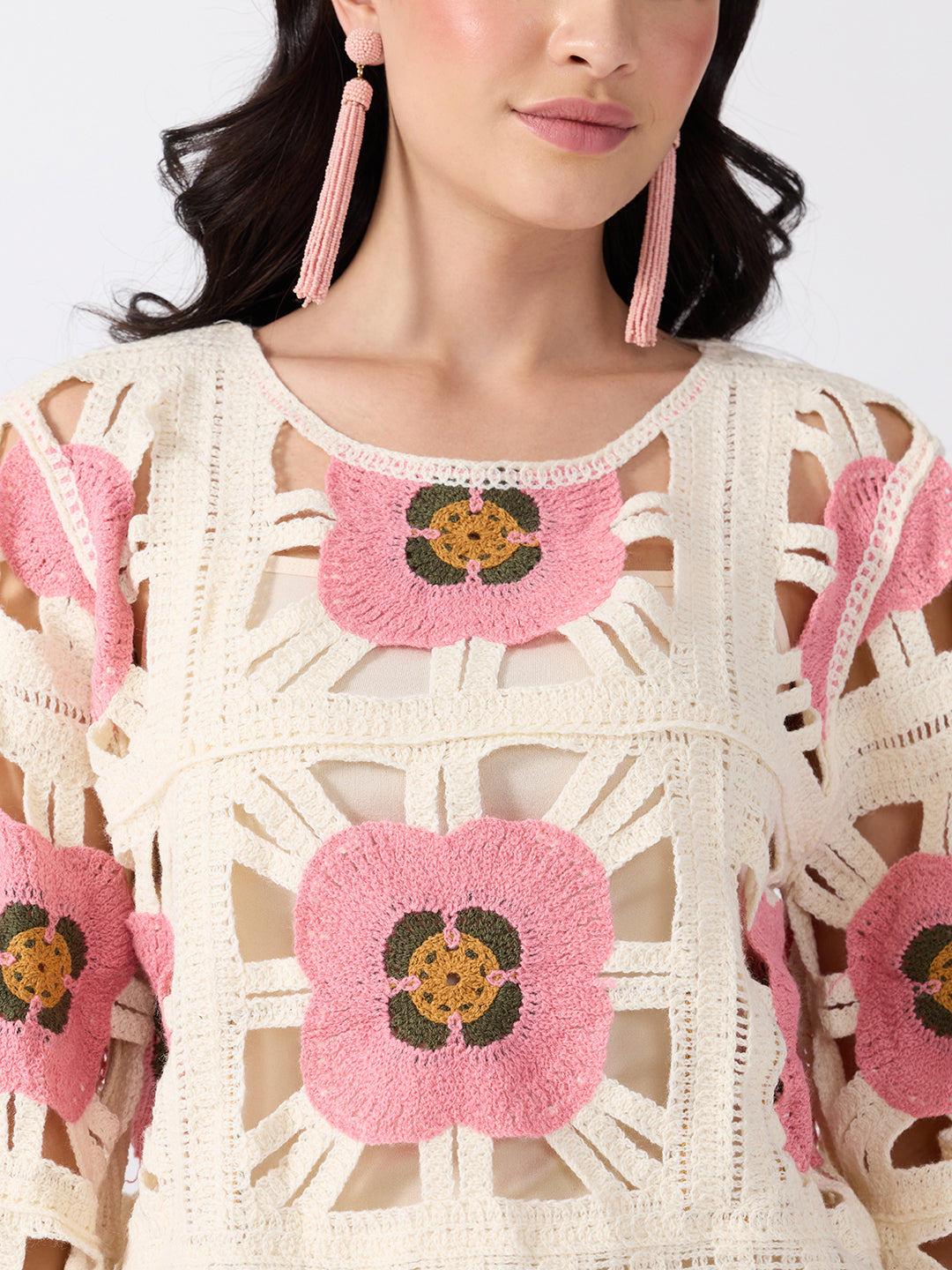 Women’s Floral Crochet Pink Top with Camisole