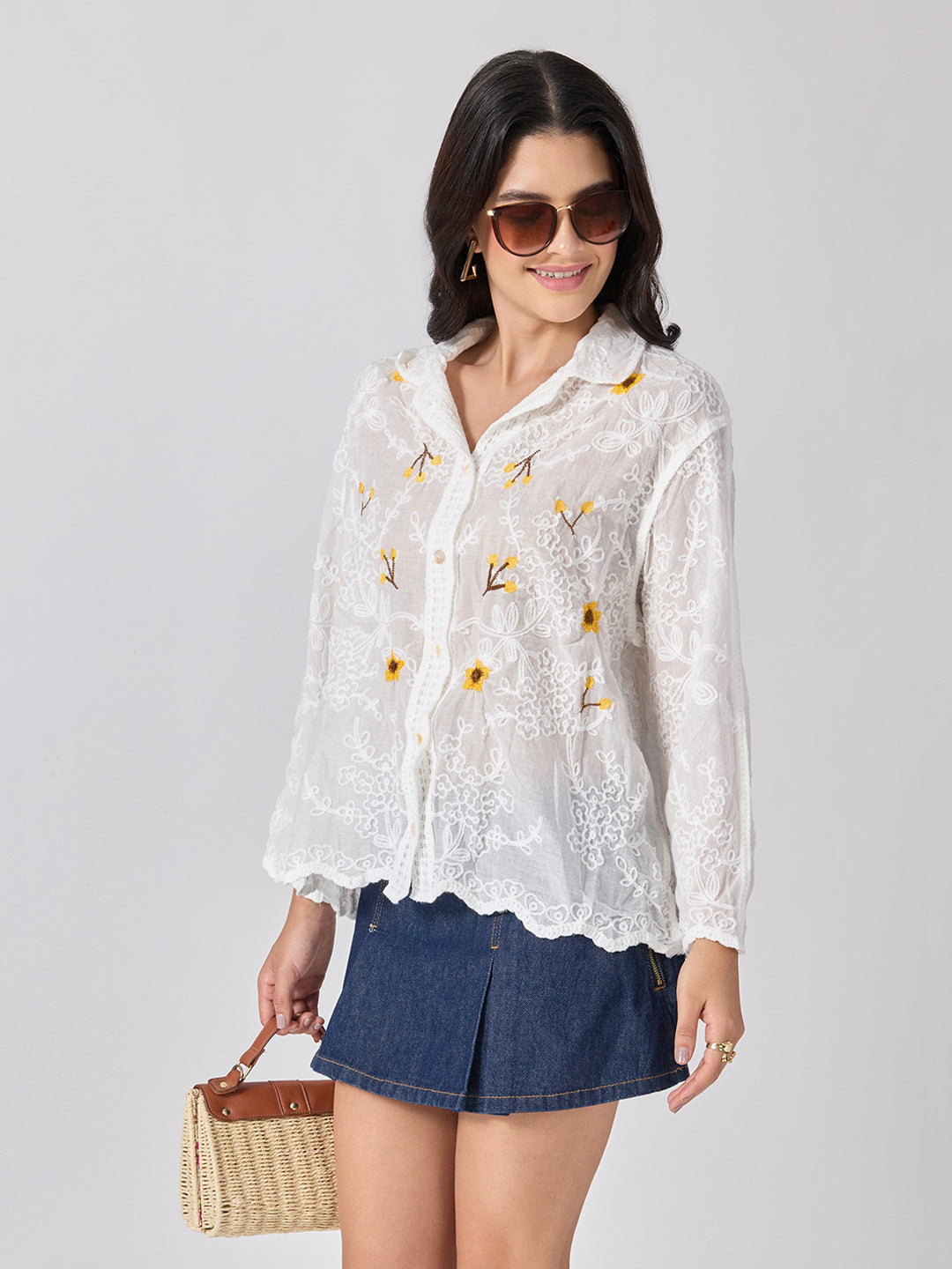 Women’s Floral Embroidered White Shirt with Scalloped Hem