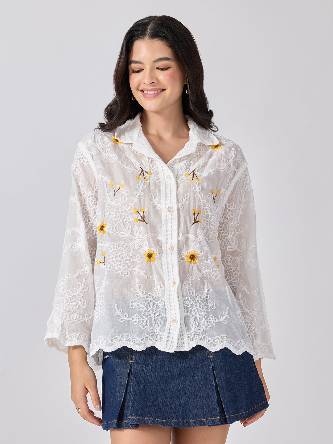 Women’s Floral Embroidered White Shirt with Scalloped Hem