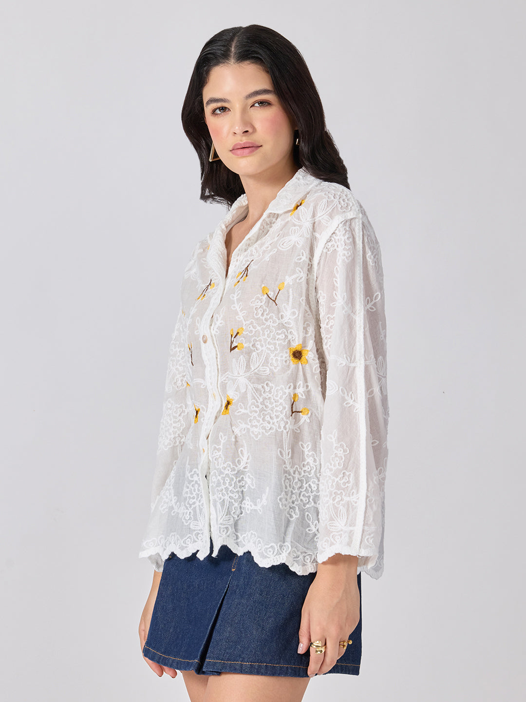 Women’s Floral Embroidered White Shirt with Scalloped Hem