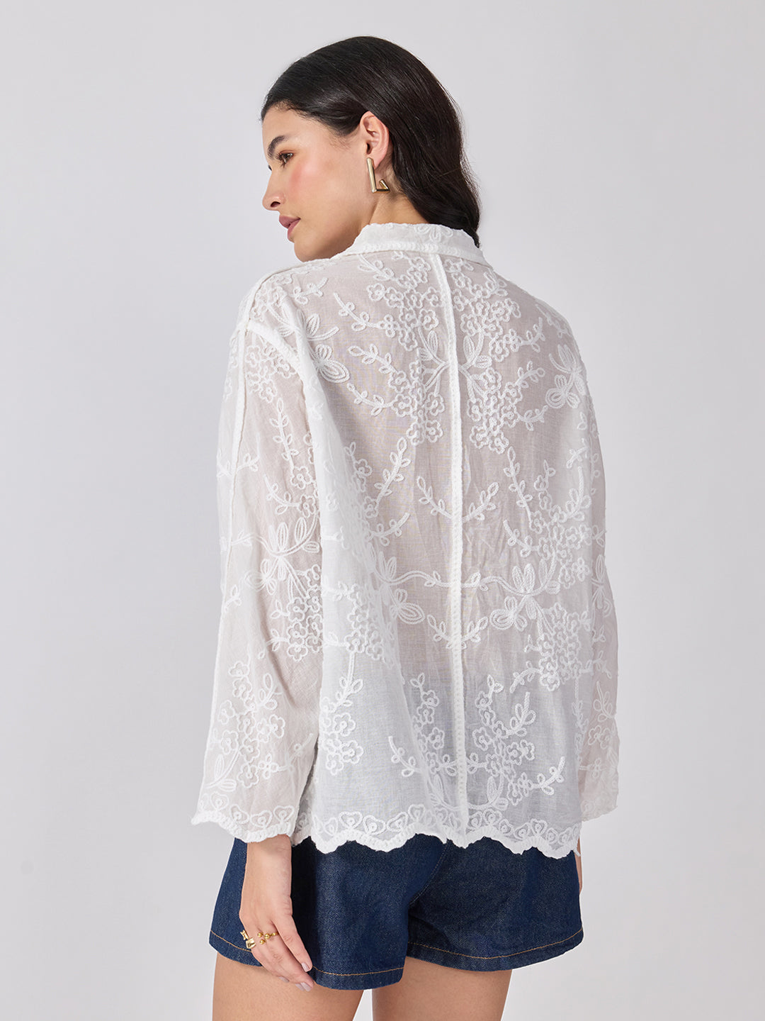 Women’s Floral Embroidered White Shirt with Scalloped Hem