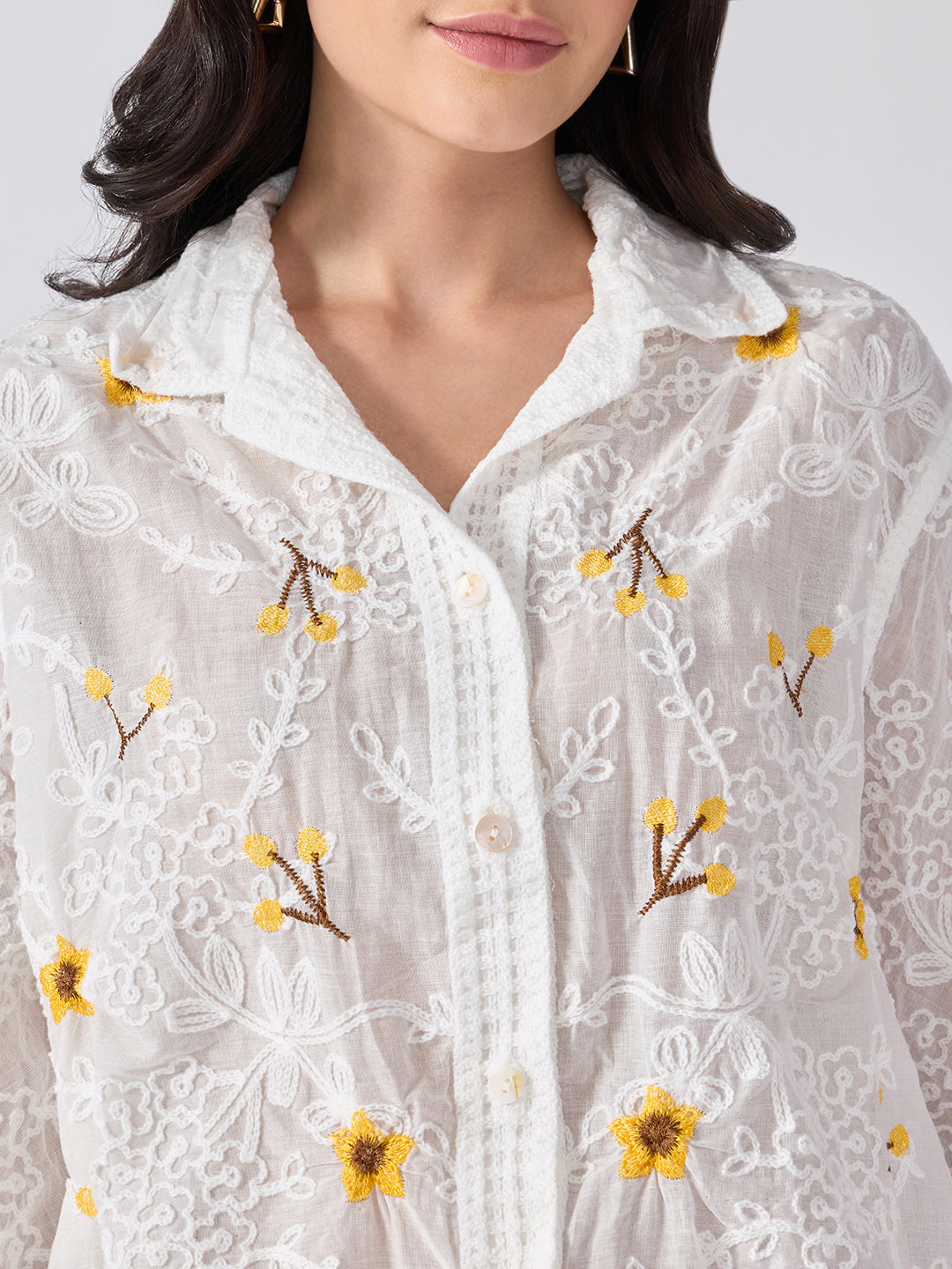 Women’s Floral Embroidered White Shirt with Scalloped Hem