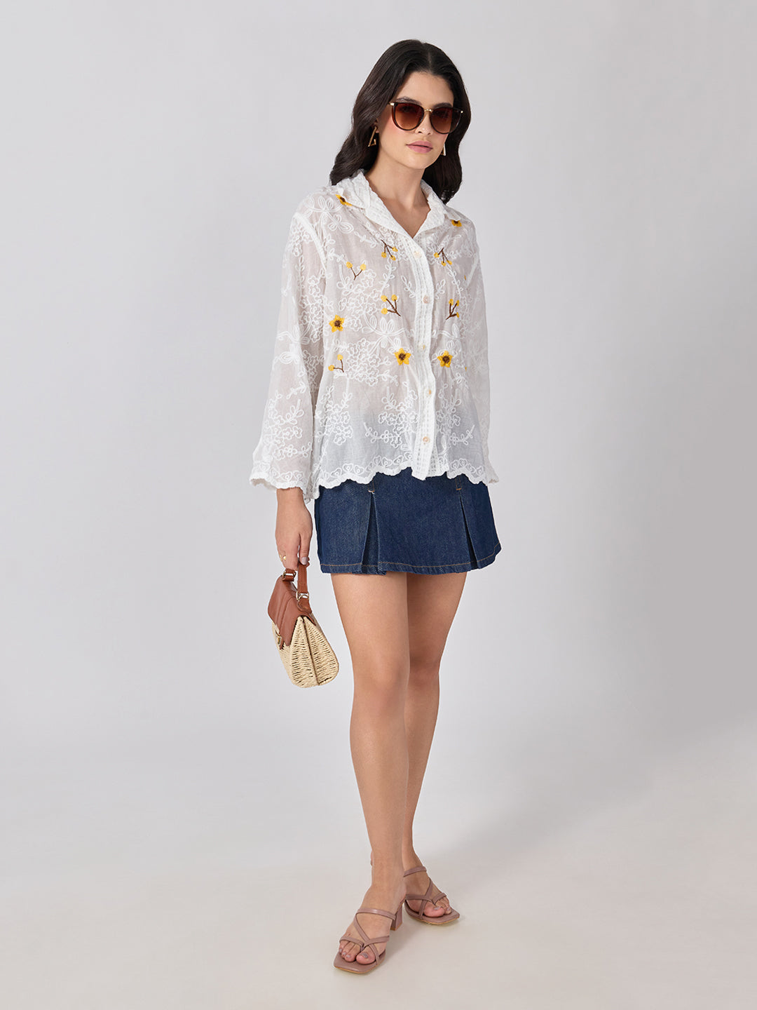 Women’s Floral Embroidered White Shirt with Scalloped Hem