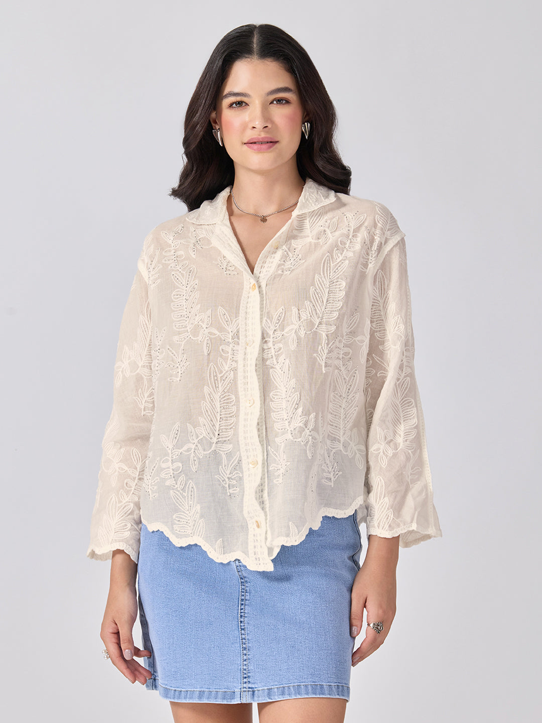 Women’s Embroidered Cream Shirt with Leaf Motifs and Scalloped Hem