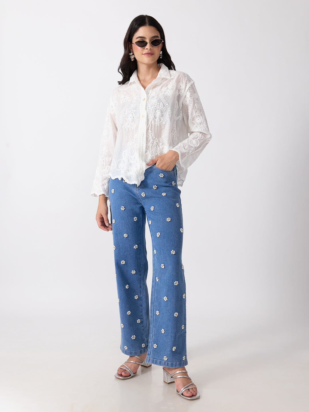 Women’s Embroidered White Shirt with Sequin Detailing and Scalloped Hem