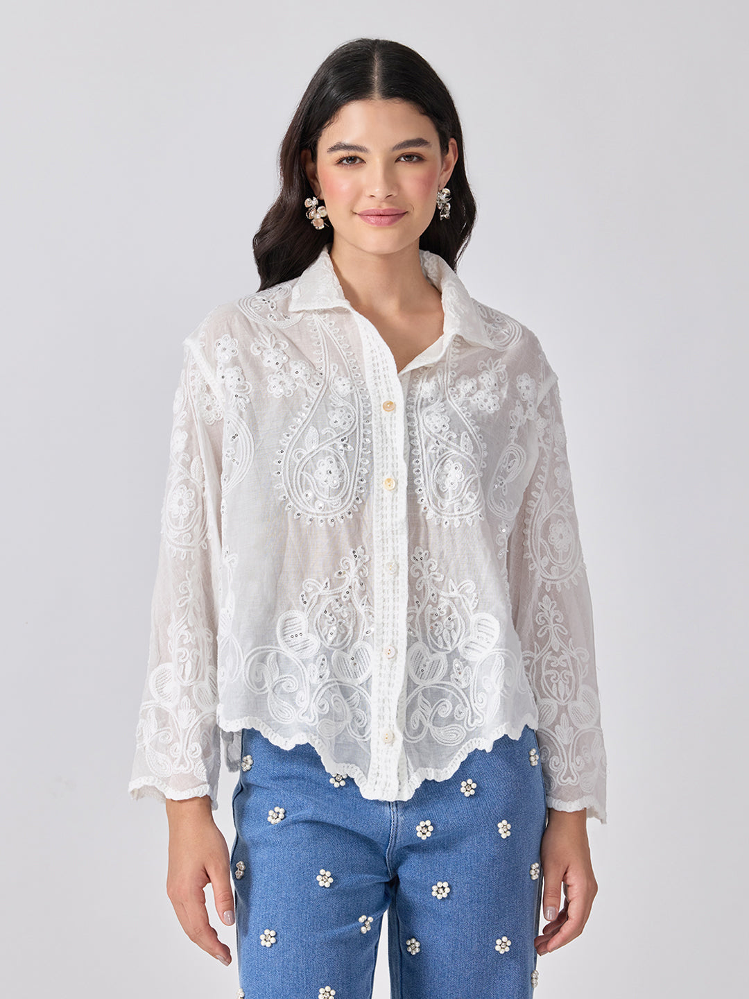 Women’s Embroidered White Shirt with Sequin Detailing and Scalloped Hem