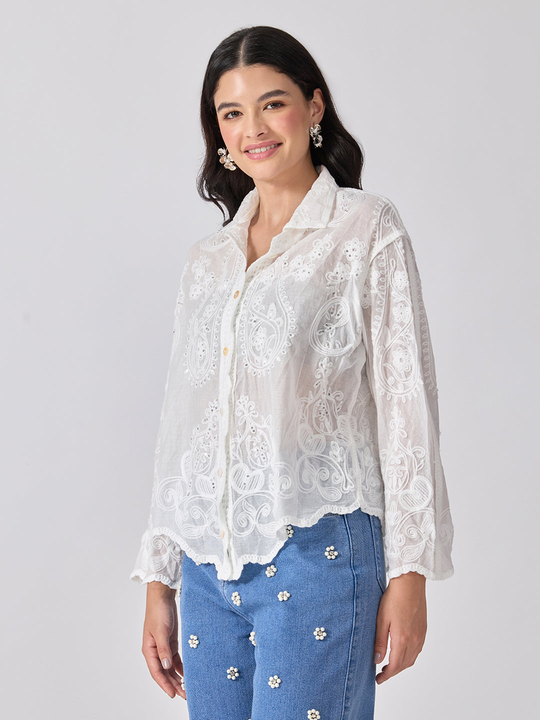 Women’s Embroidered White Shirt with Sequin Detailing and Scalloped Hem