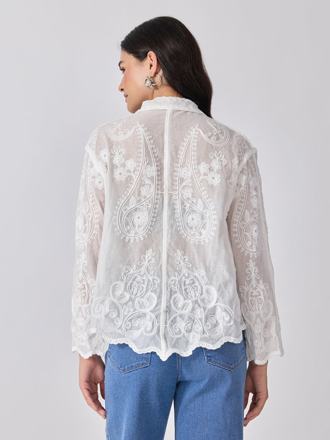Women’s Embroidered White Shirt with Sequin Detailing and Scalloped Hem