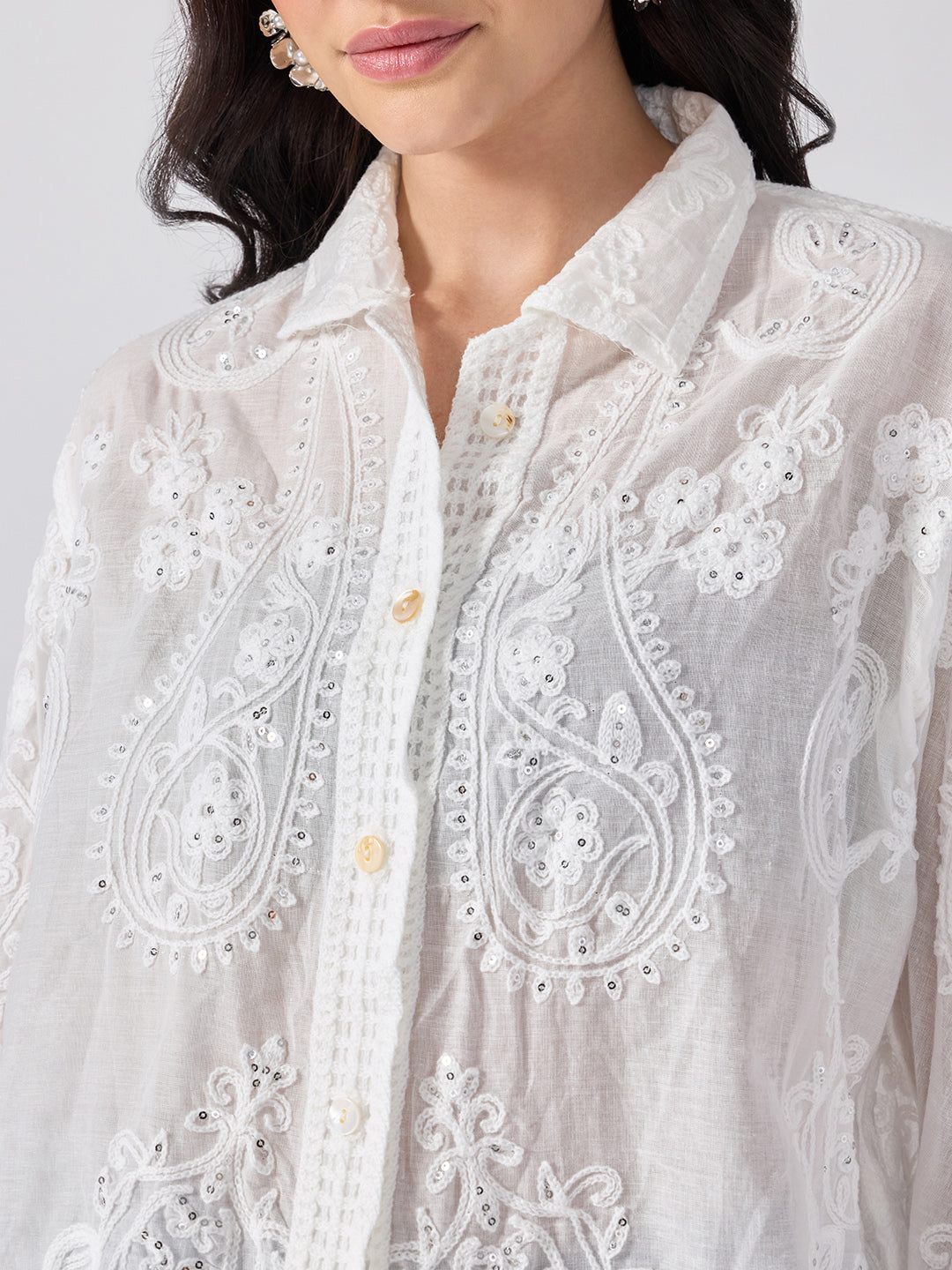 Women’s Embroidered White Shirt with Sequin Detailing and Scalloped Hem