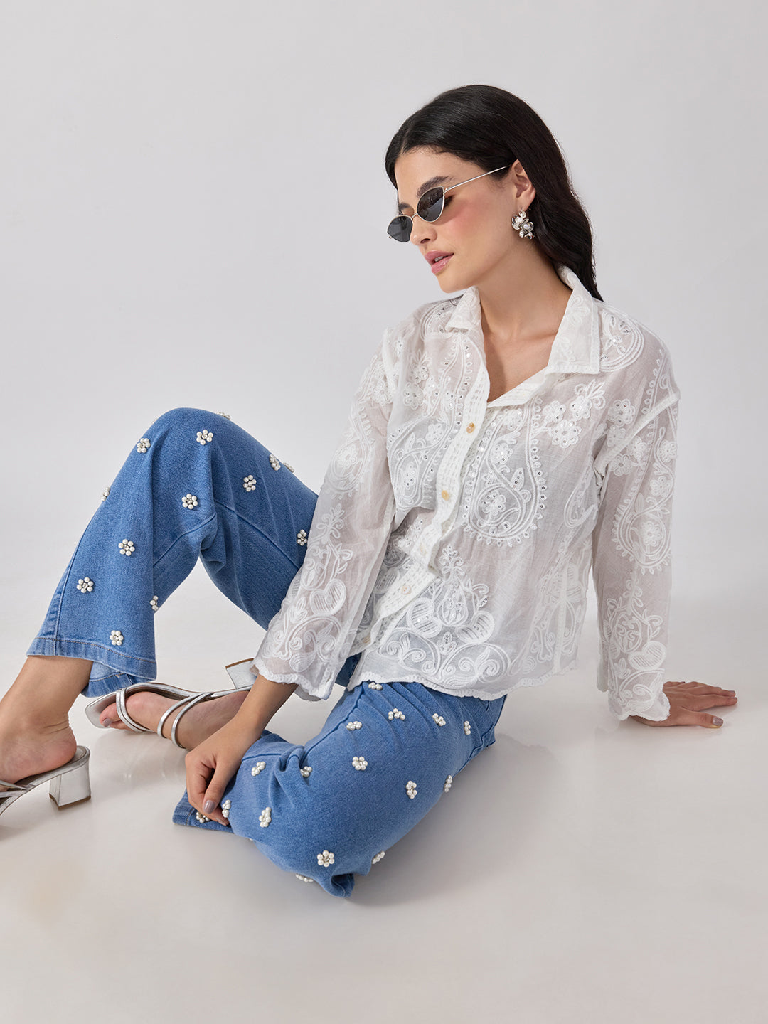 Women’s Embroidered White Shirt with Sequin Detailing and Scalloped Hem