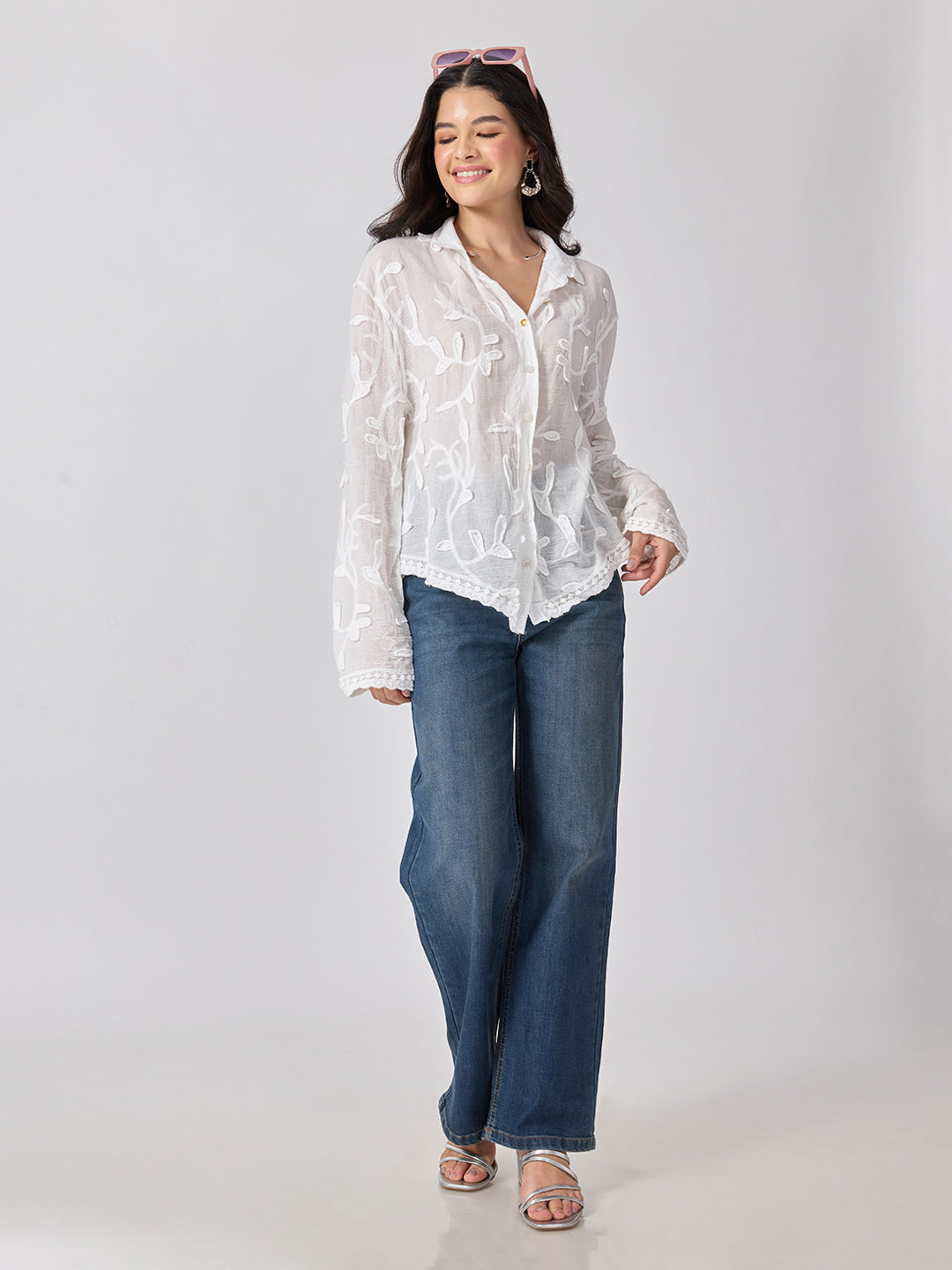 Women’s Floral Embroidered White Shirt with Spread Collar