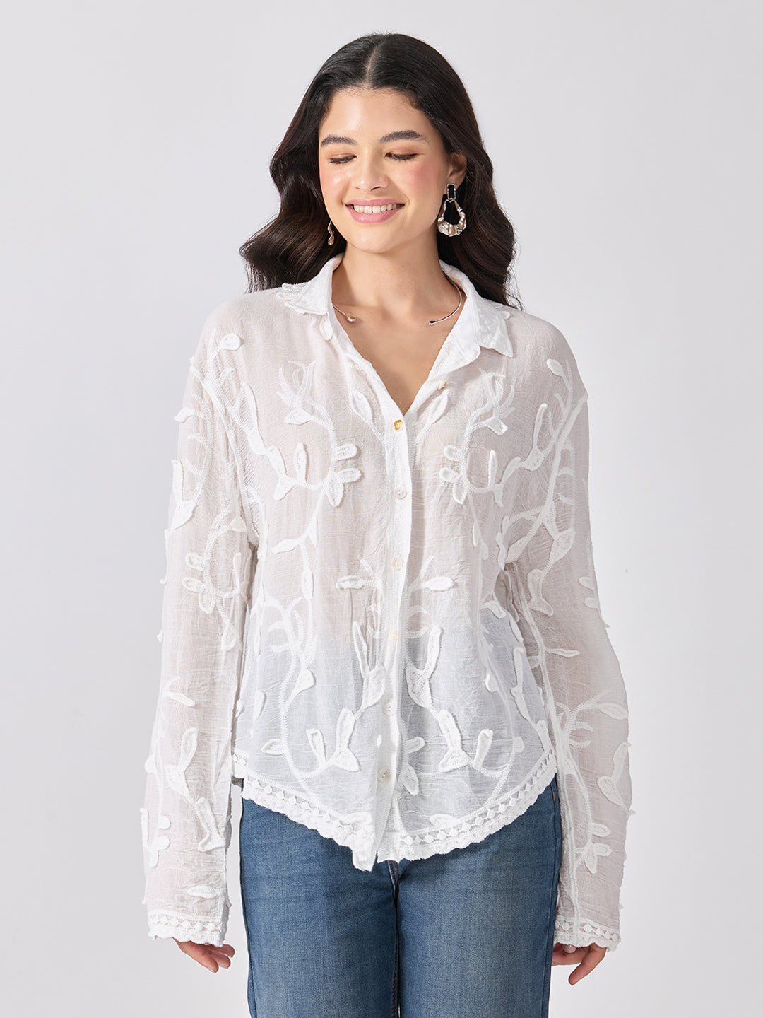Women’s Floral Embroidered White Shirt with Spread Collar