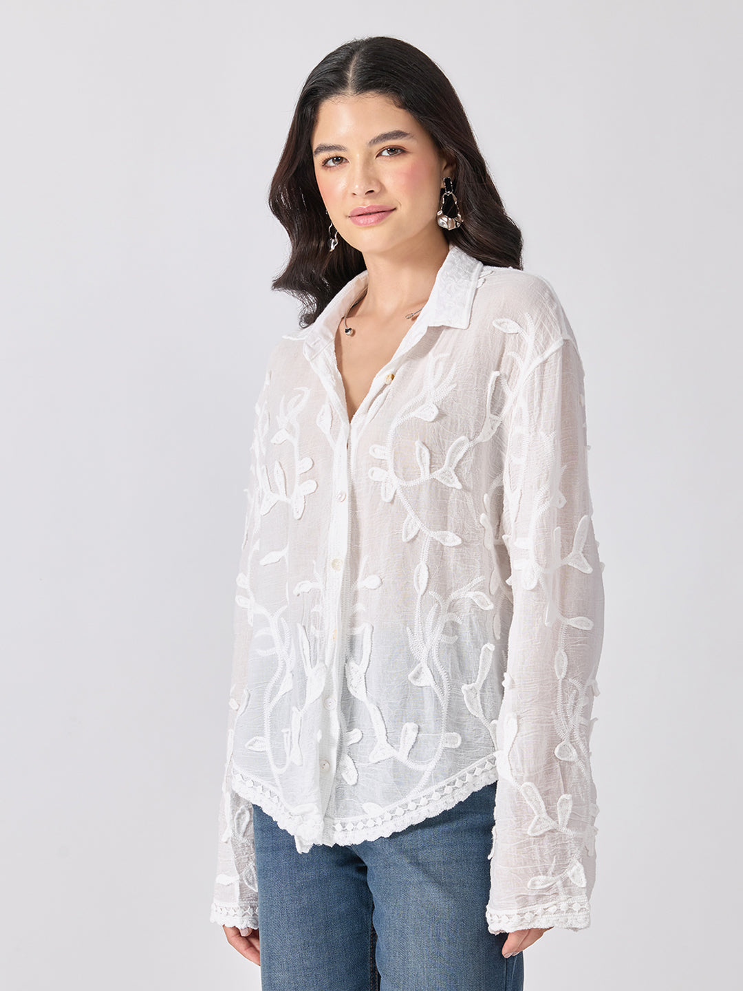 Women’s Floral Embroidered White Shirt with Spread Collar