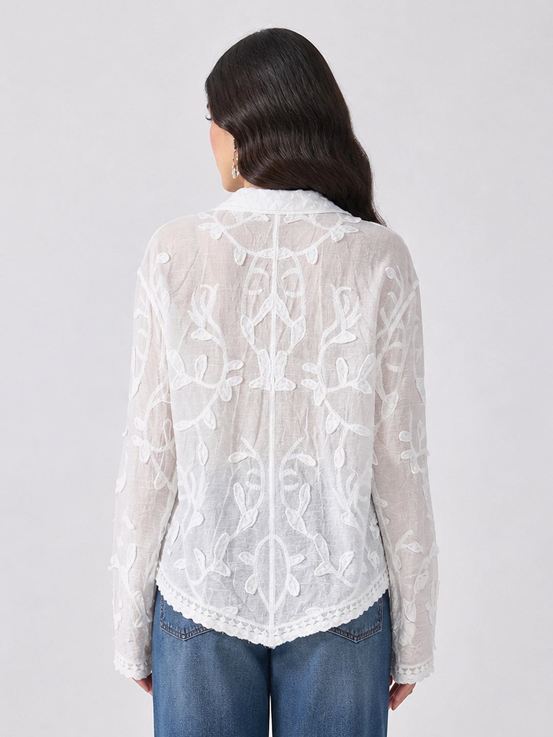 Women’s Floral Embroidered White Shirt with Spread Collar