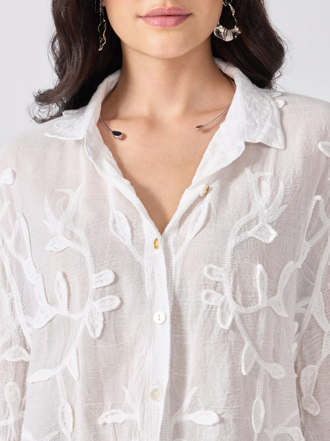 Women’s Floral Embroidered White Shirt with Spread Collar