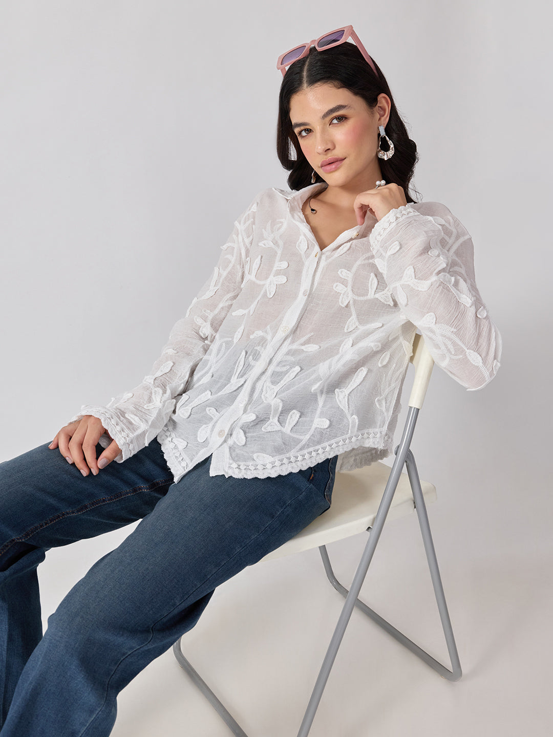 Women’s Floral Embroidered White Shirt with Spread Collar