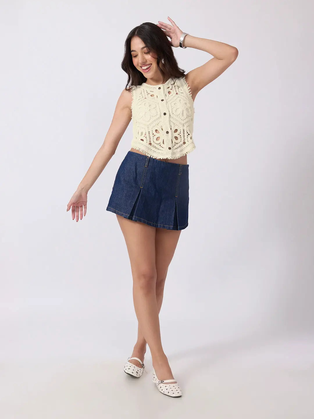 Women's Cream Crochet Sleeveless Vest Top