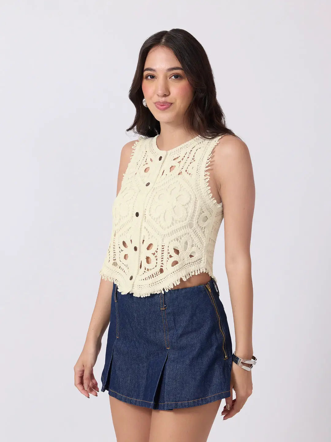 Women's Cream Crochet Sleeveless Vest Top