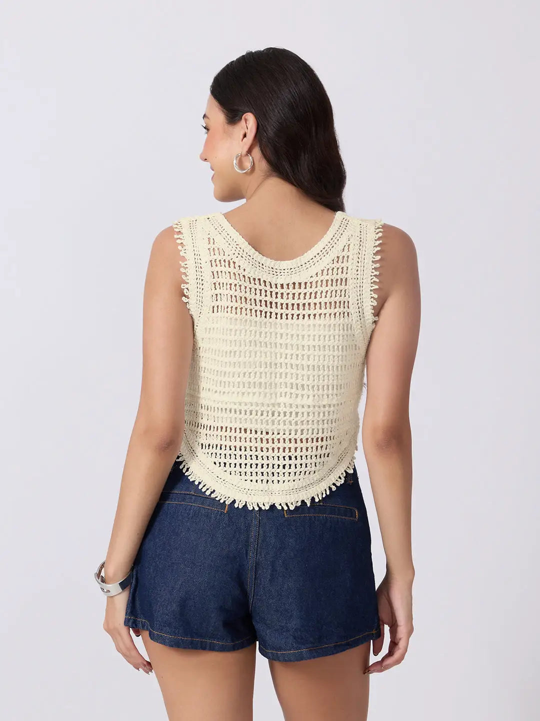 Women's Cream Crochet Sleeveless Vest Top