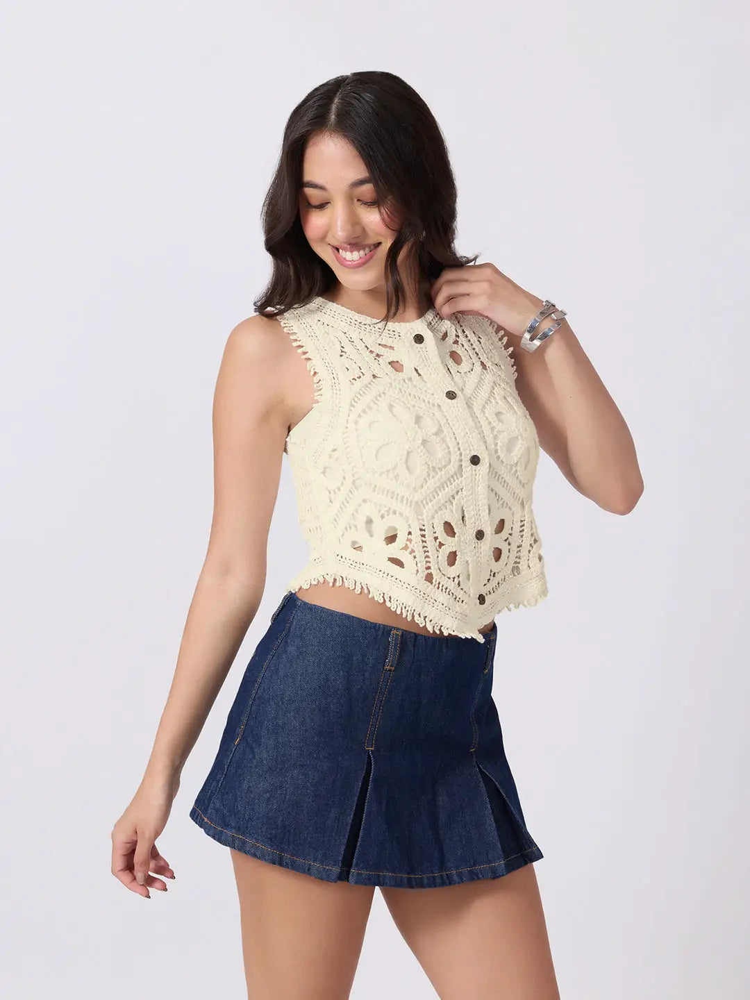 Women's Cream Crochet Sleeveless Vest Top
