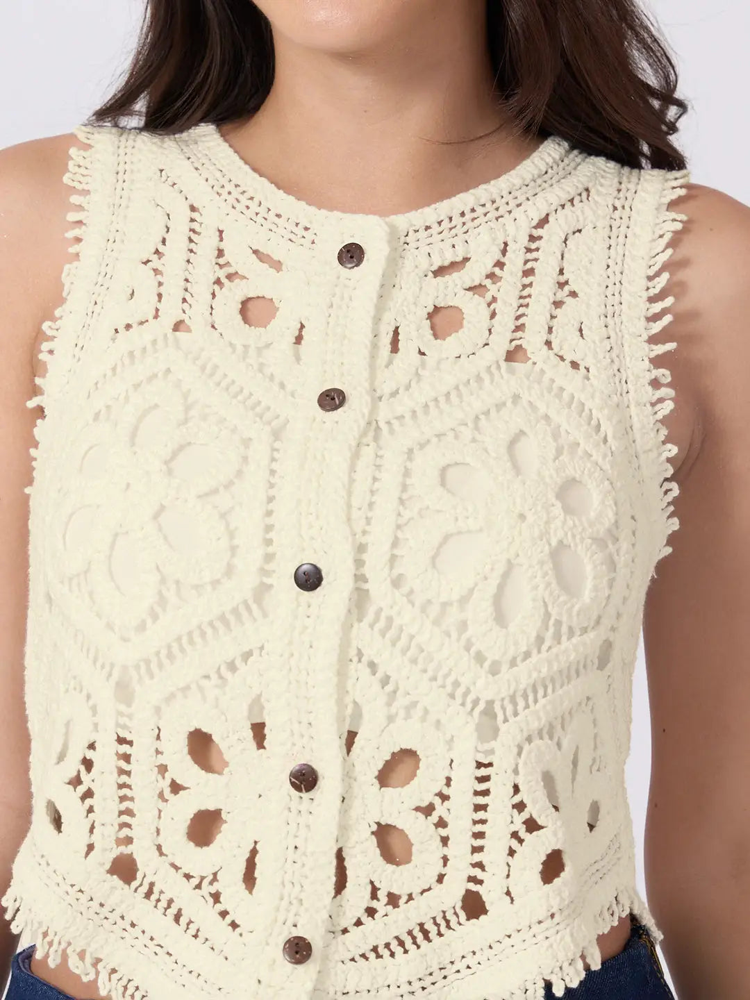 Women's Cream Crochet Sleeveless Vest Top