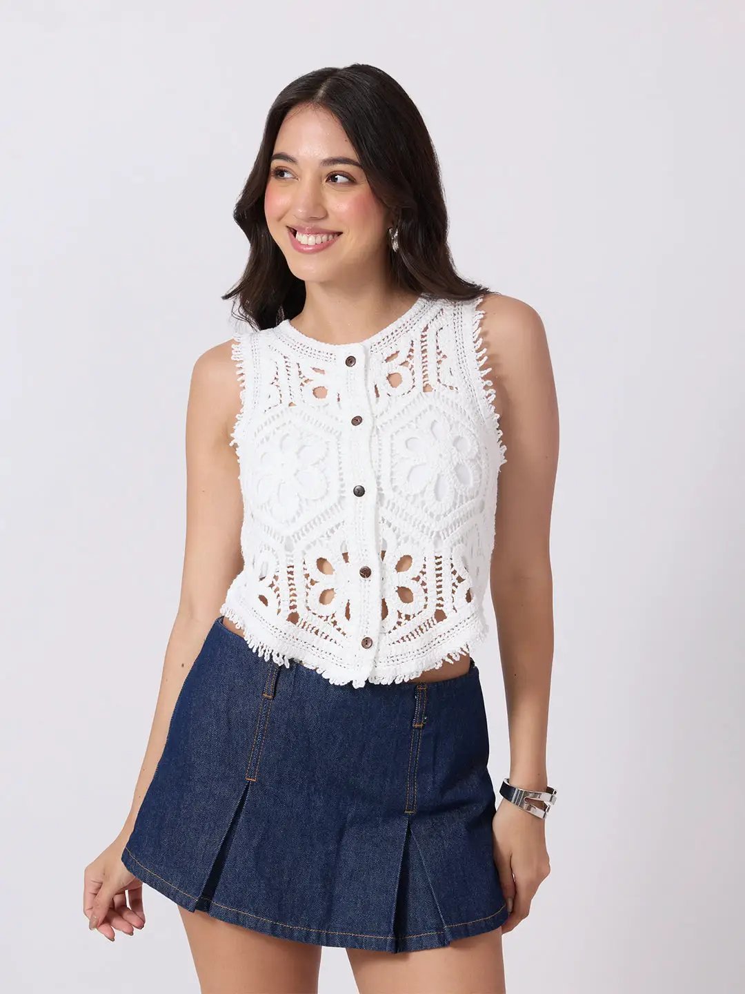 Women's White Crochet Sleeveless Vest Top