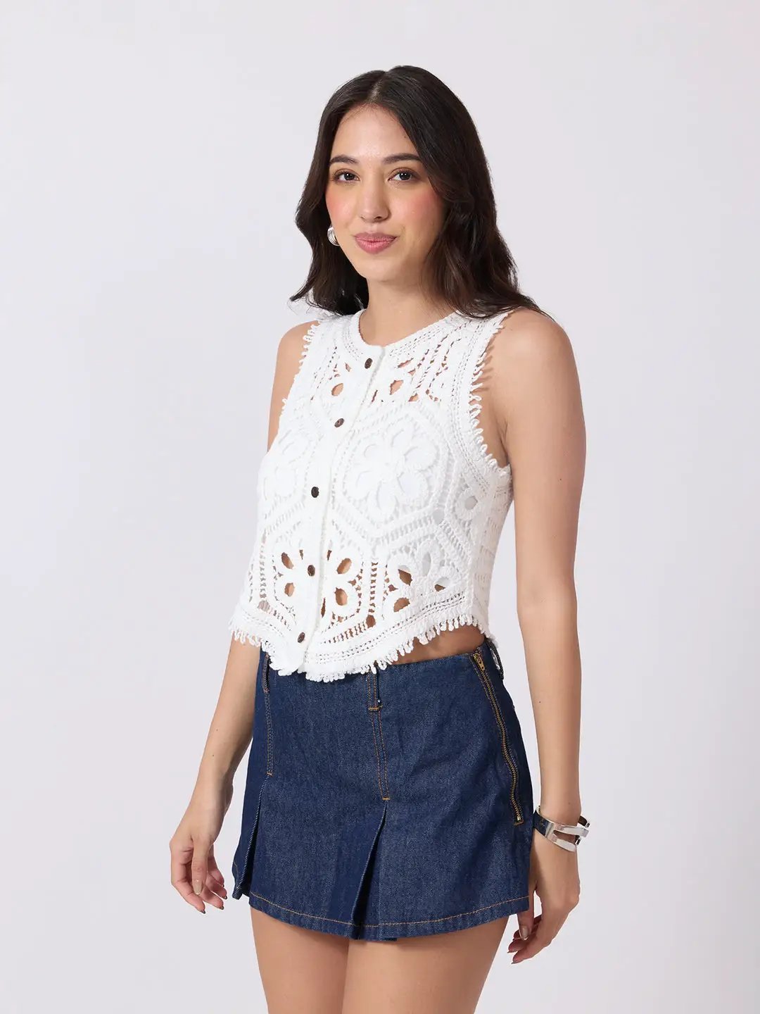 Women's White Crochet Sleeveless Vest Top