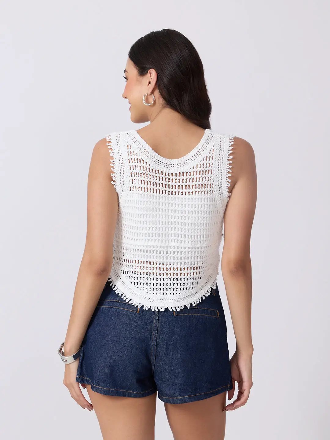 Women's White Crochet Sleeveless Vest Top