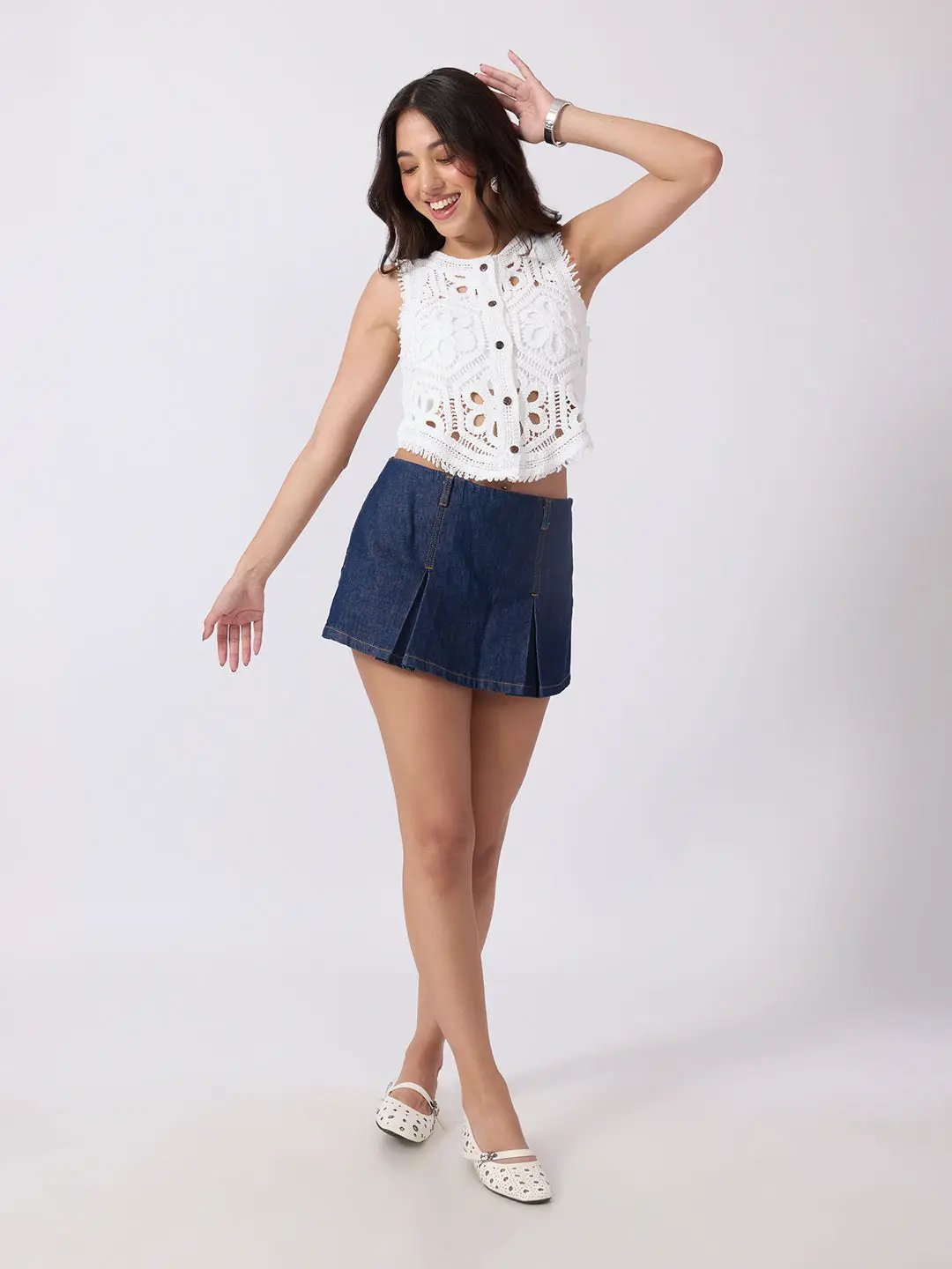 Women's White Crochet Sleeveless Vest Top