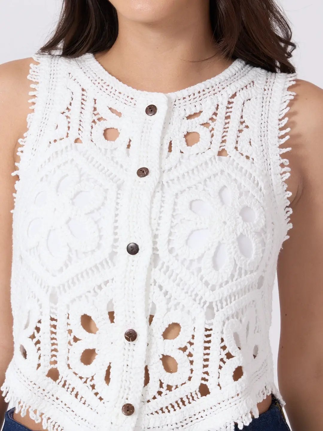 Women's White Crochet Sleeveless Vest Top