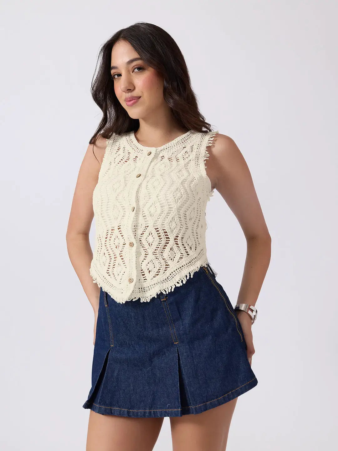 Women's Cream Crochet Sleeveless Vest Top