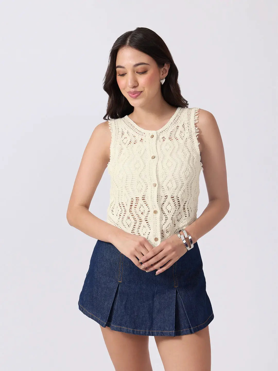Women's Cream Crochet Sleeveless Vest Top