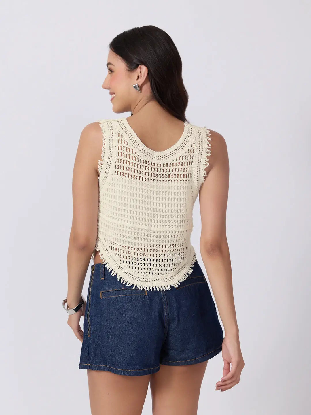 Women's Cream Crochet Sleeveless Vest Top