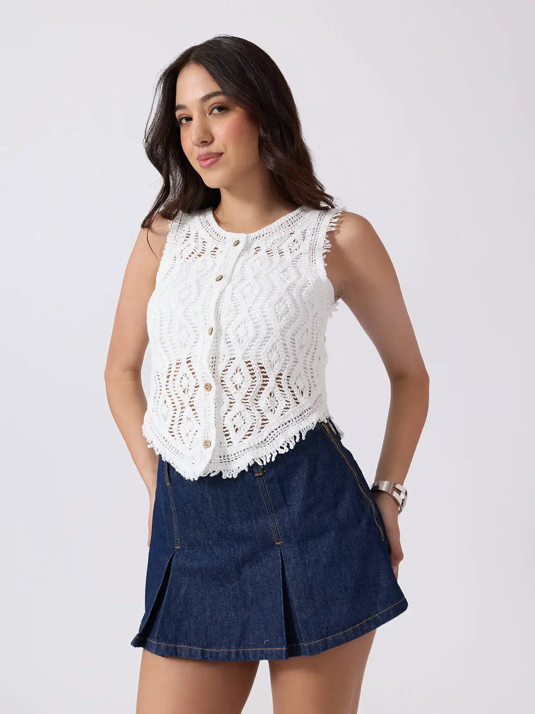 Women's White Crochet Sleeveless Vest Top